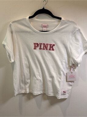 PINK‎ x LoveShackFancy Sequin Logo Tee NWT XL White Pink